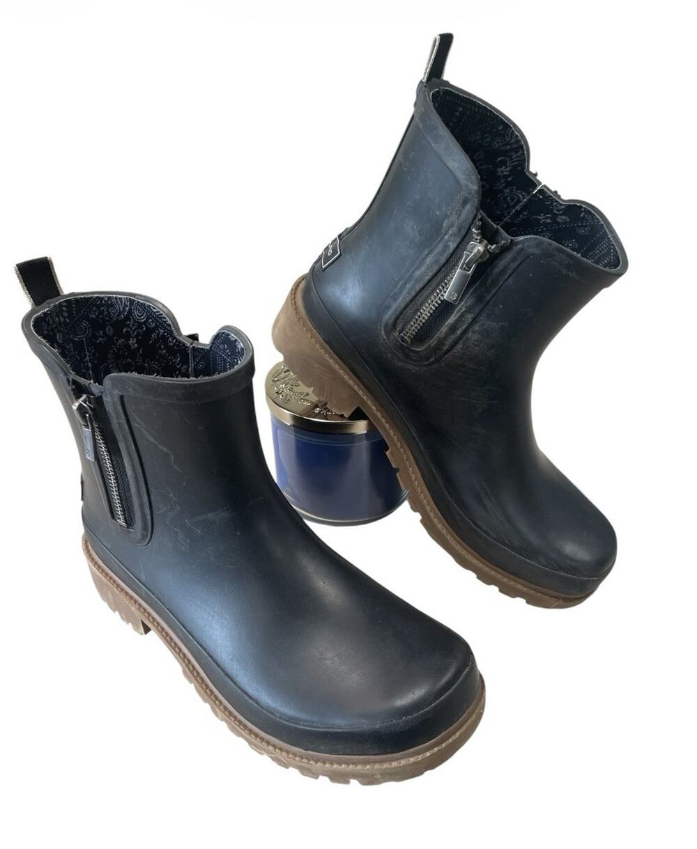 Lucky Brand Black Reinina Rain Boots W/Lug Soles Women’s Size 8 -Double Zipper